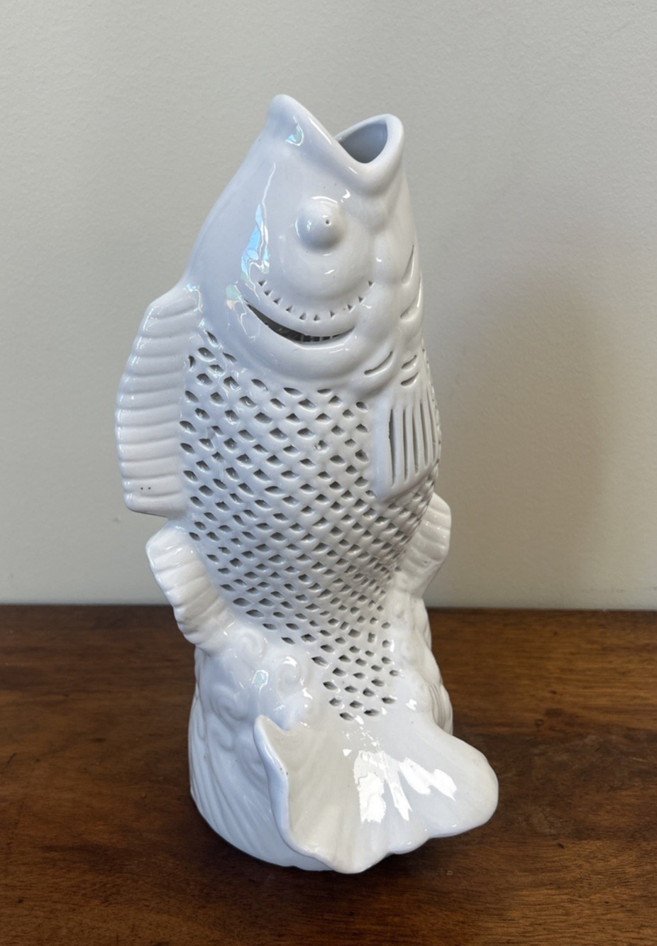Vintage Blanc de Chine Reticulated Koi Fish Sculpture Figurine 10.5" Chinoiserie